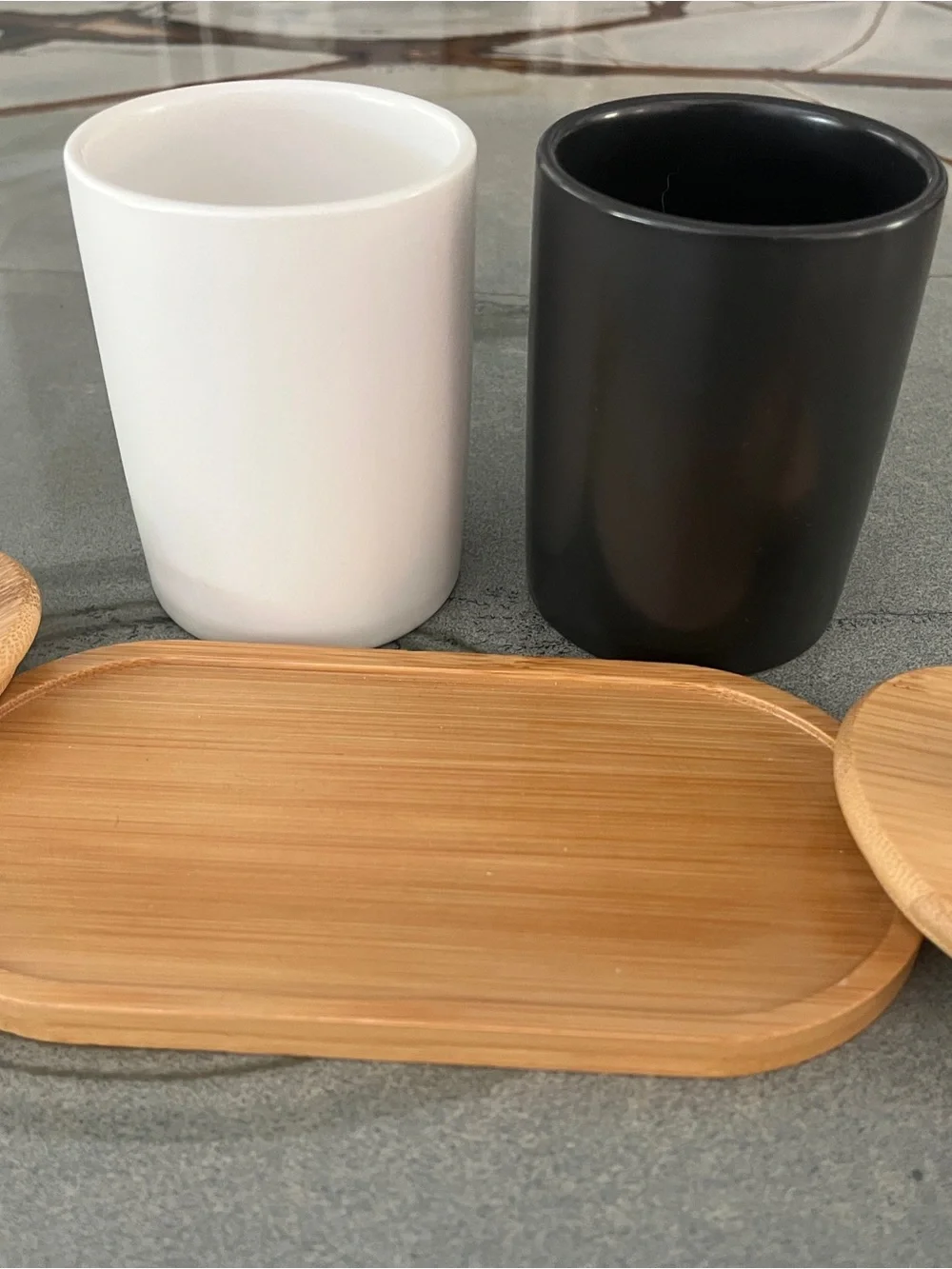 Set of Two Q-tip/Cotton Ball Ceramic Canisters with Bamboo Lids — Black & White